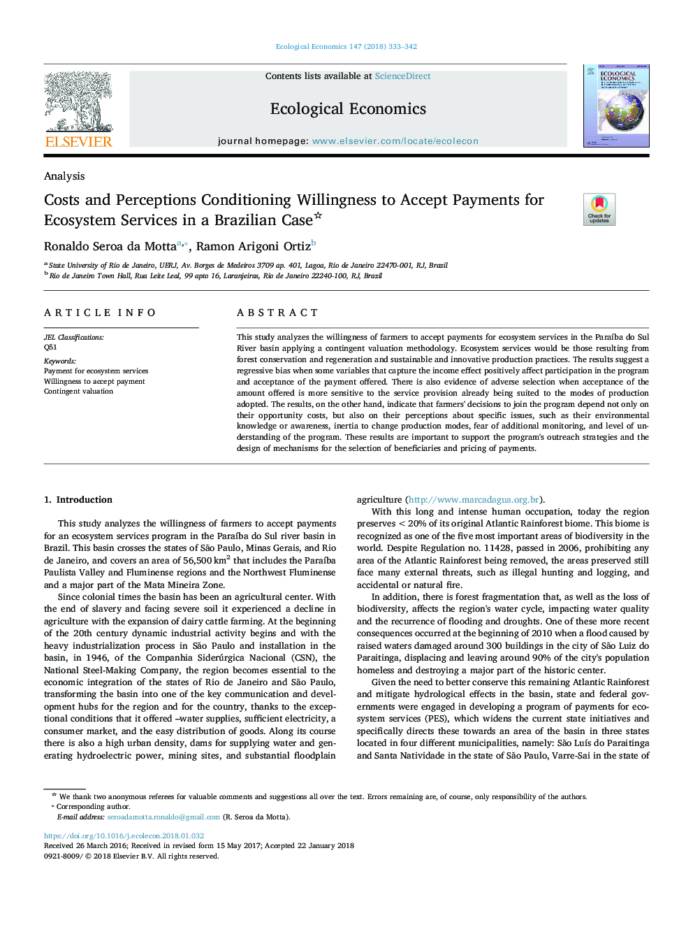 Costs and Perceptions Conditioning Willingness to Accept Payments for Ecosystem Services in a Brazilian Case