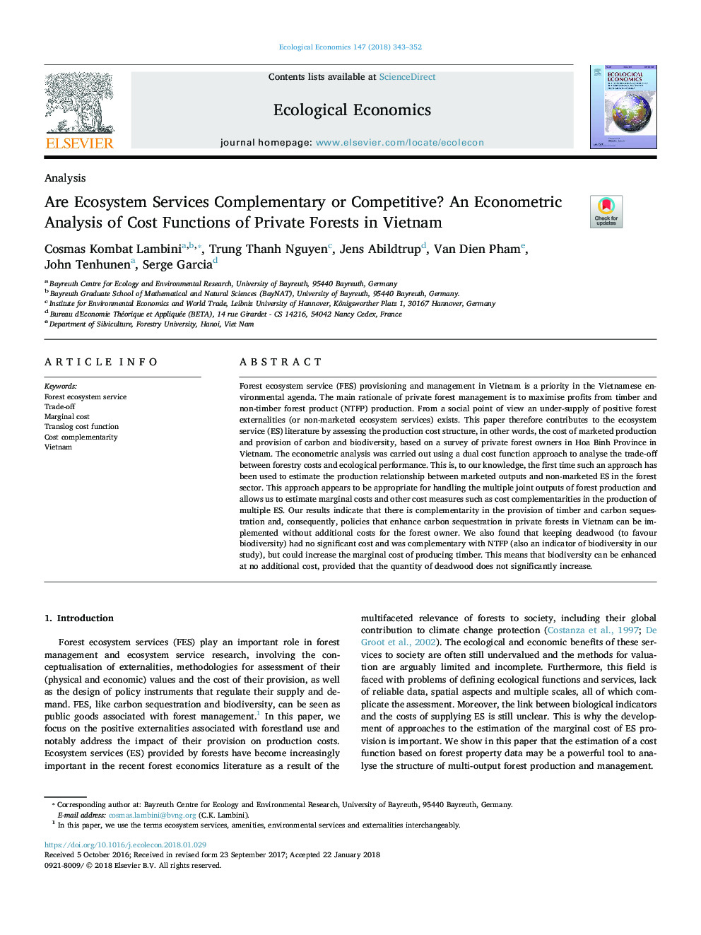 Are Ecosystem Services Complementary or Competitive? An Econometric Analysis of Cost Functions of Private Forests in Vietnam