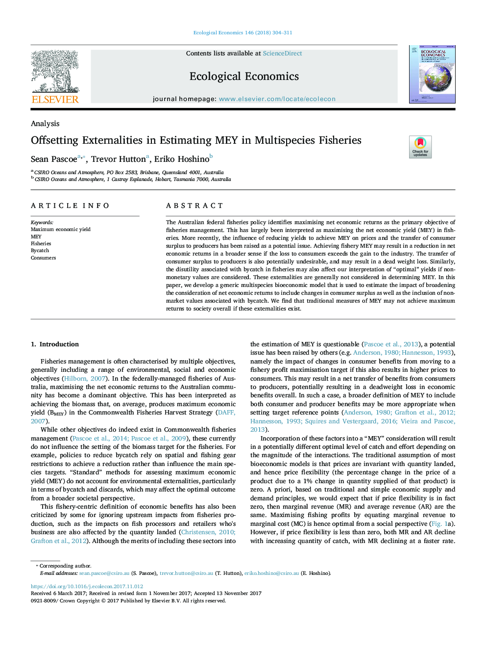 Offsetting Externalities in Estimating MEY in Multispecies Fisheries