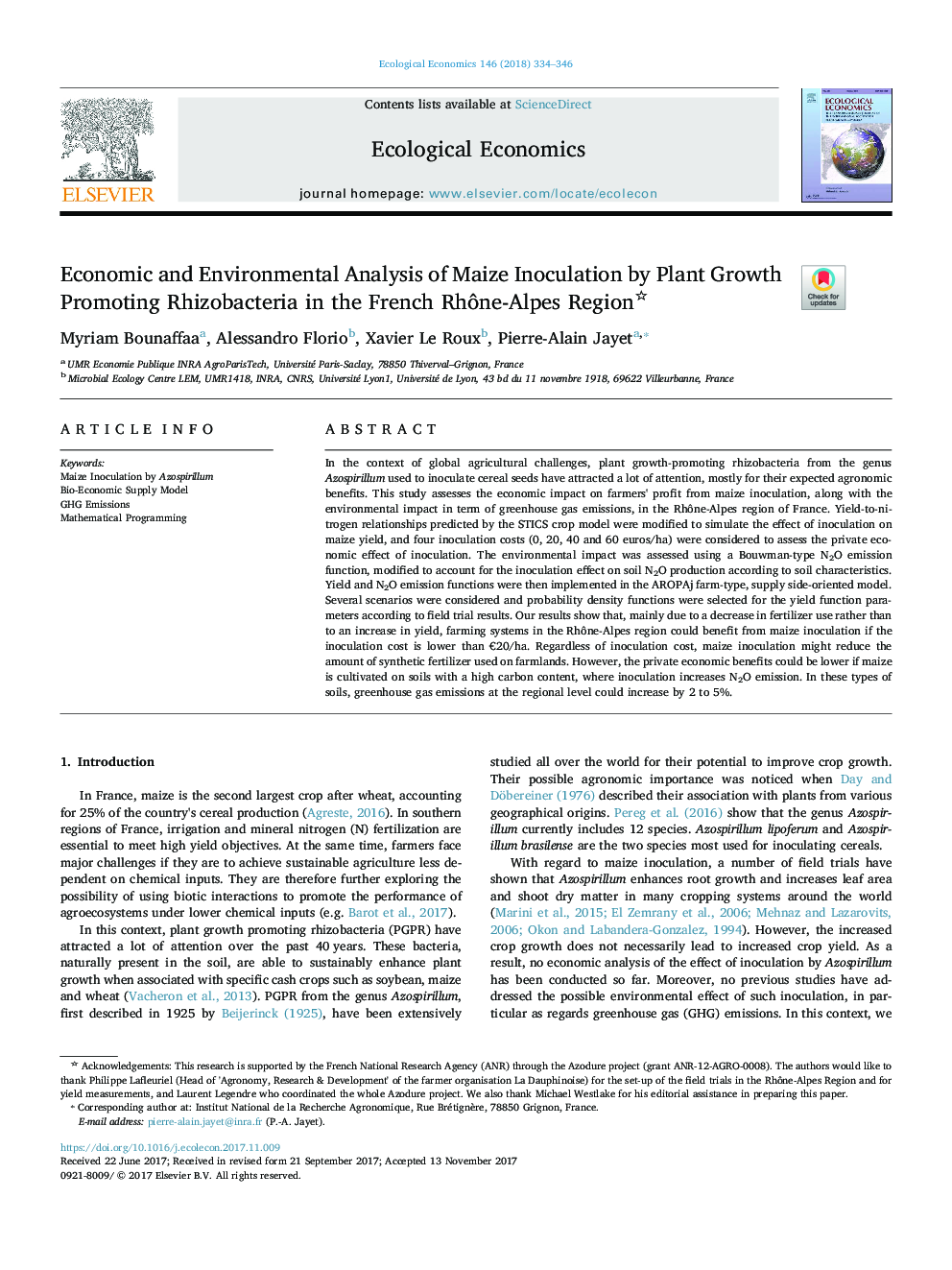 Economic and Environmental Analysis of Maize Inoculation by Plant Growth Promoting Rhizobacteria in the French RhÃ´ne-Alpes Region