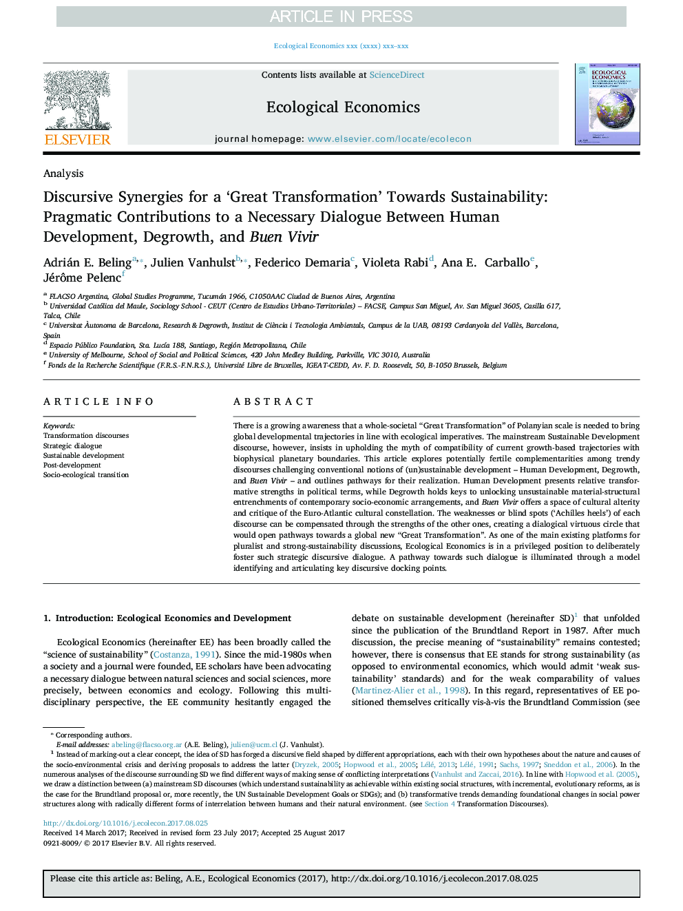 Discursive Synergies for a 'Great Transformation' Towards Sustainability: Pragmatic Contributions to a Necessary Dialogue Between Human Development, Degrowth, and Buen Vivir