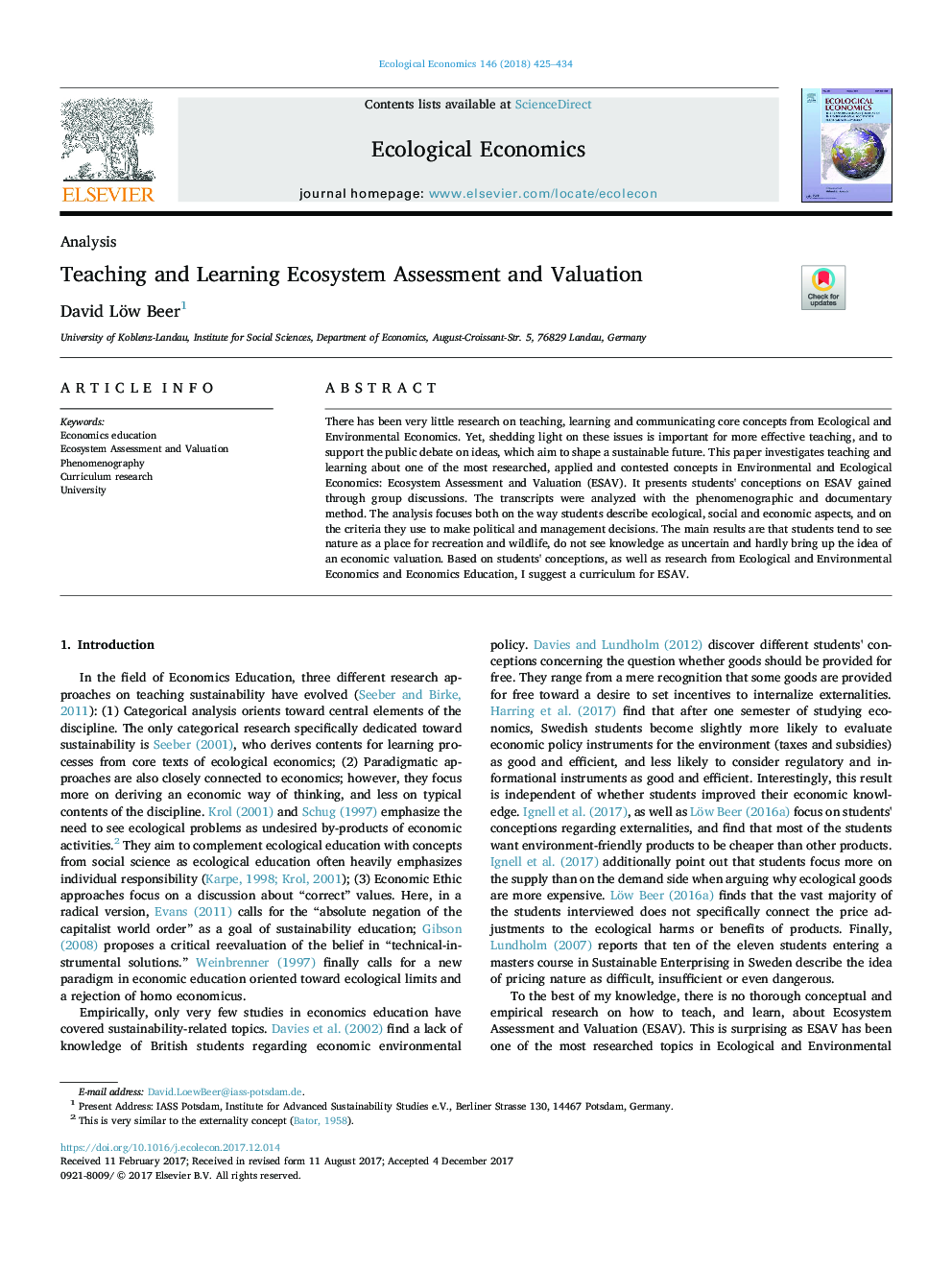 Teaching and Learning Ecosystem Assessment and Valuation