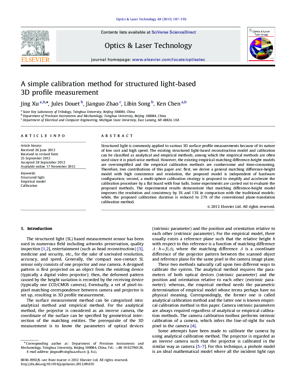 A simple calibration method for structured light-based 3D profile measurement