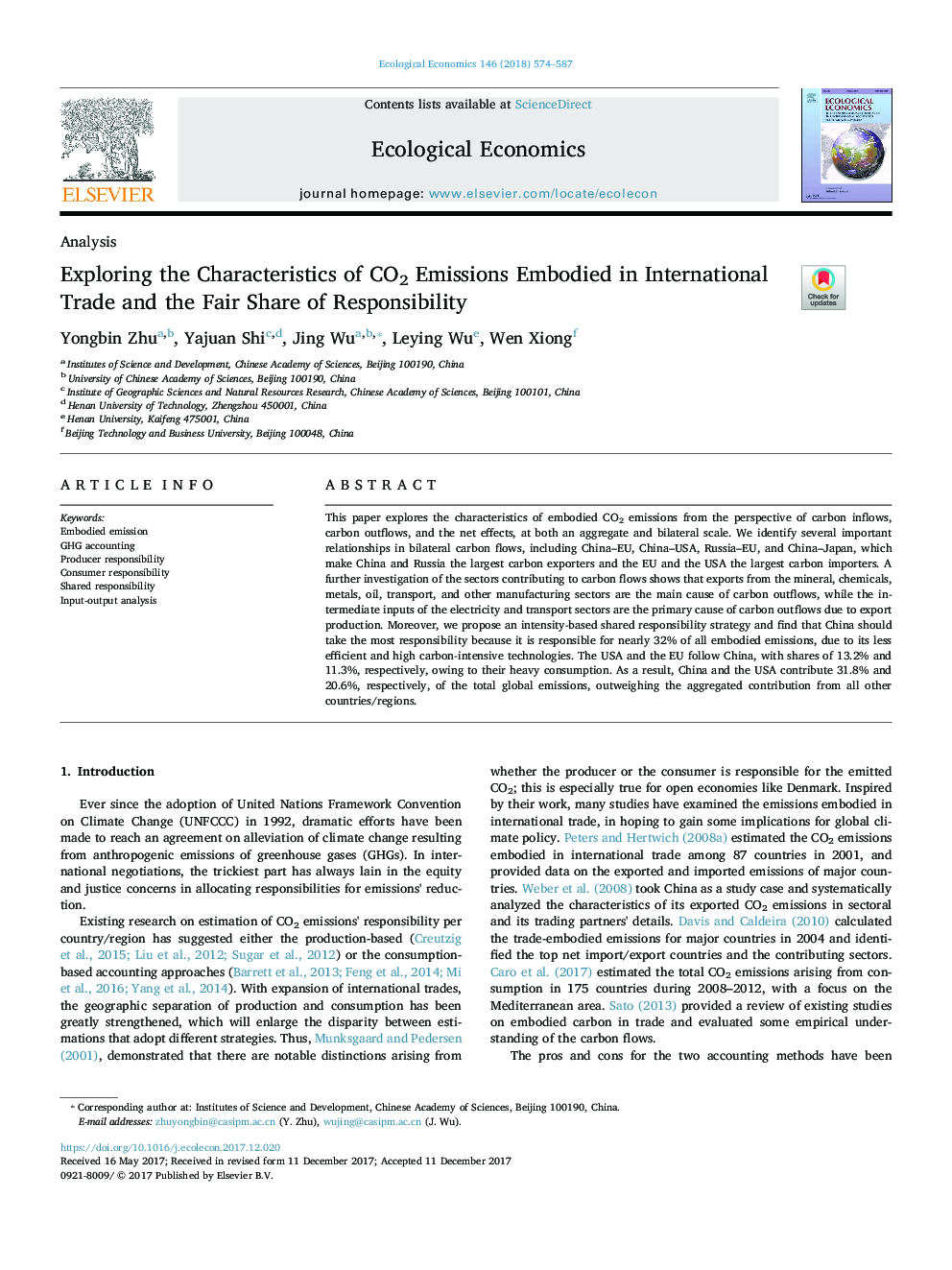 Exploring the Characteristics of CO2 Emissions Embodied in International Trade and the Fair Share of Responsibility