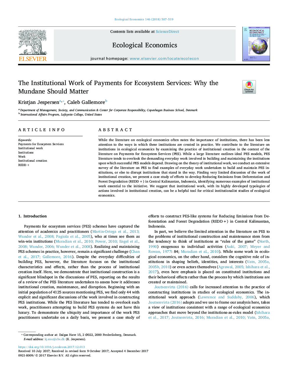 The Institutional Work of Payments for Ecosystem Services: Why the Mundane Should Matter