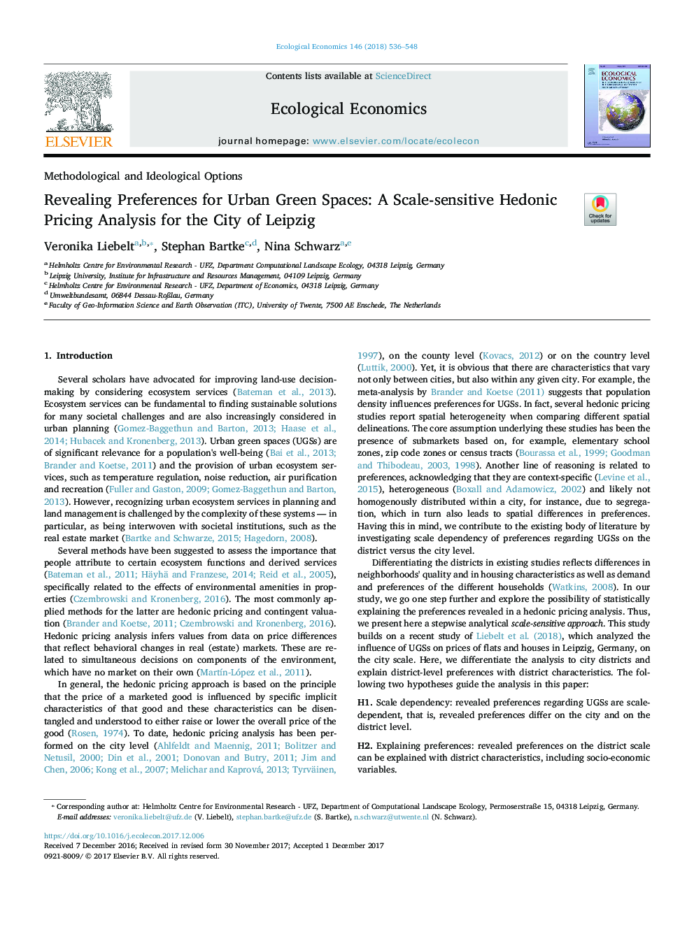 Revealing Preferences for Urban Green Spaces: A Scale-sensitive Hedonic Pricing Analysis for the City of Leipzig