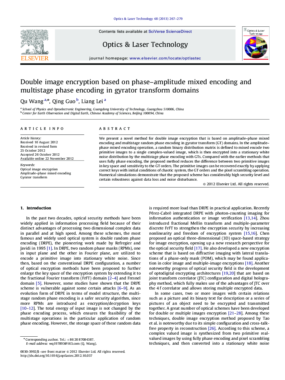 Double image encryption based on phase–amplitude mixed encoding and multistage phase encoding in gyrator transform domains