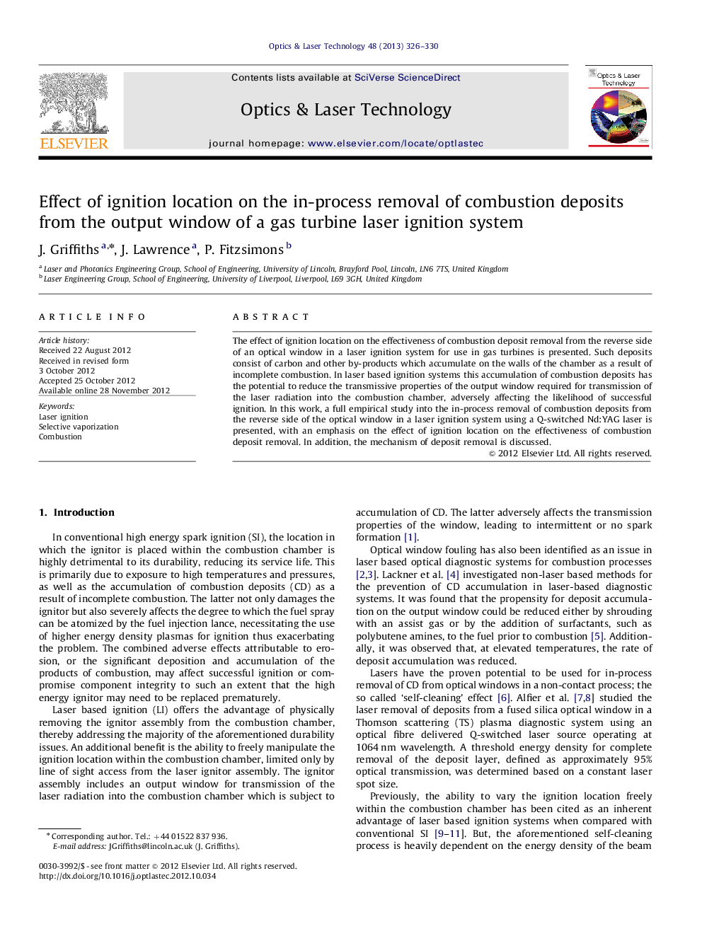 Effect of ignition location on the in-process removal of combustion deposits from the output window of a gas turbine laser ignition system