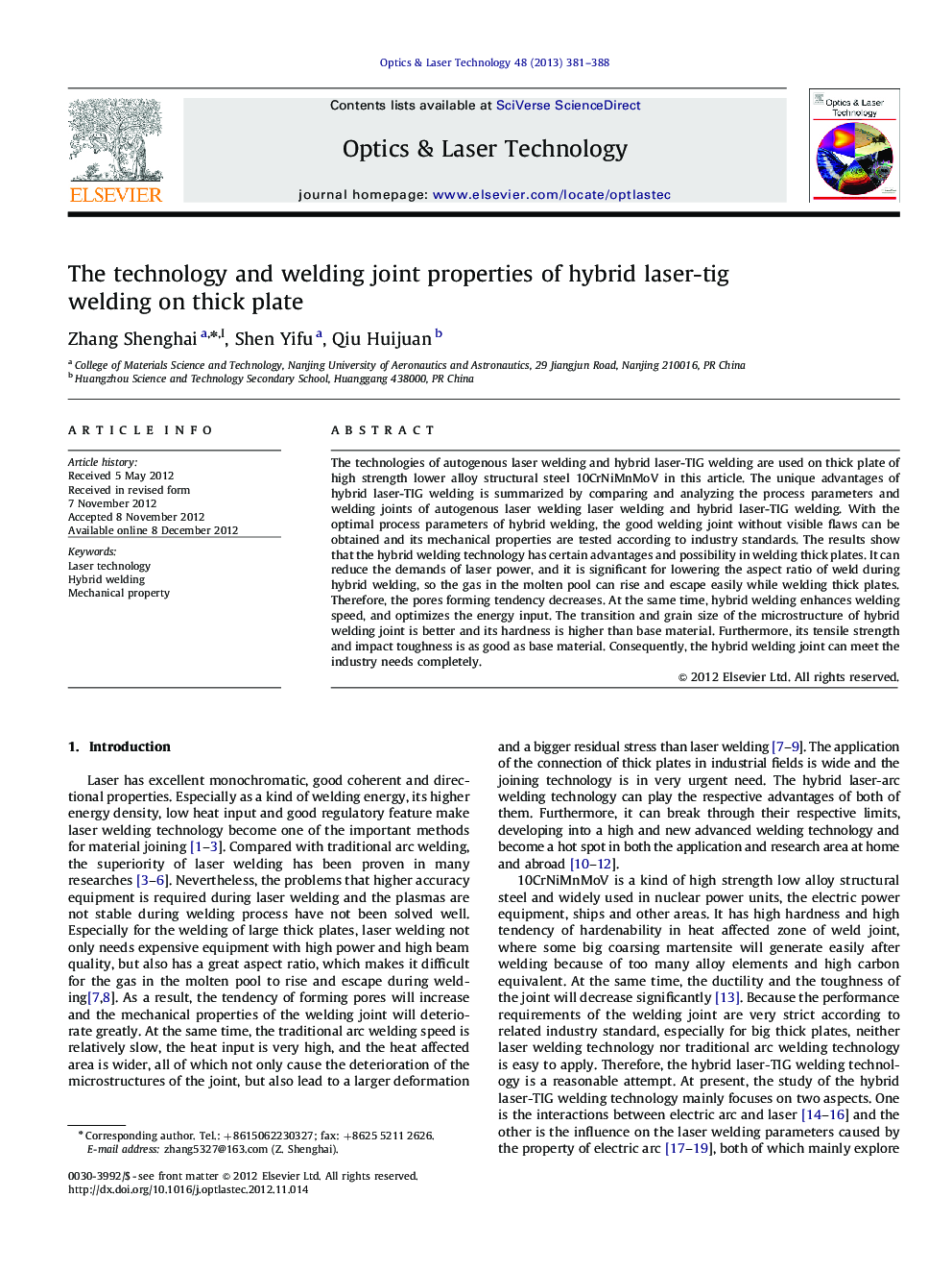 The technology and welding joint properties of hybrid laser-tig welding on thick plate
