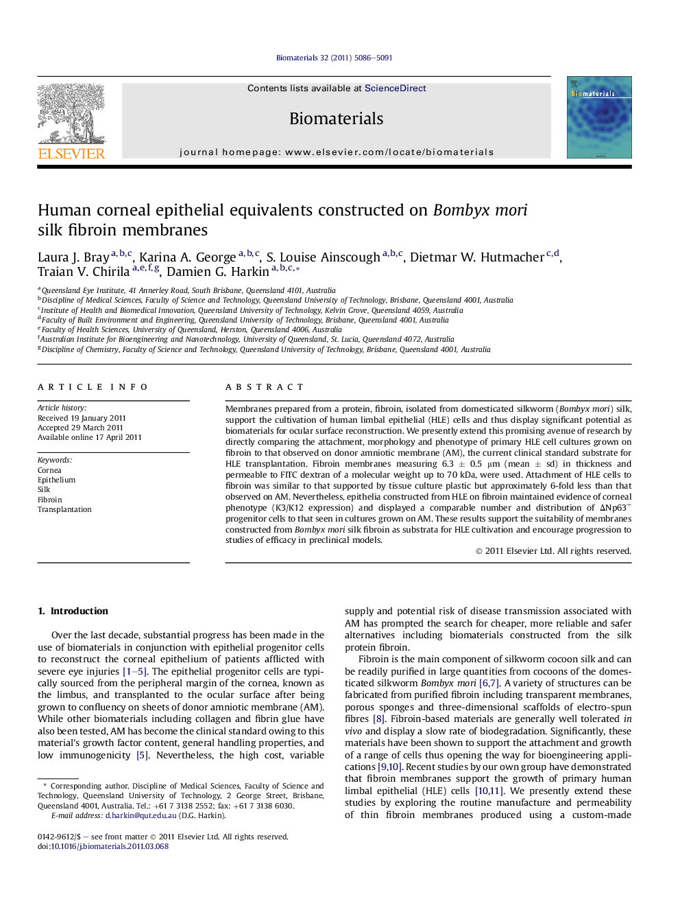 Human corneal epithelial equivalents constructed on Bombyx mori silk fibroin membranes