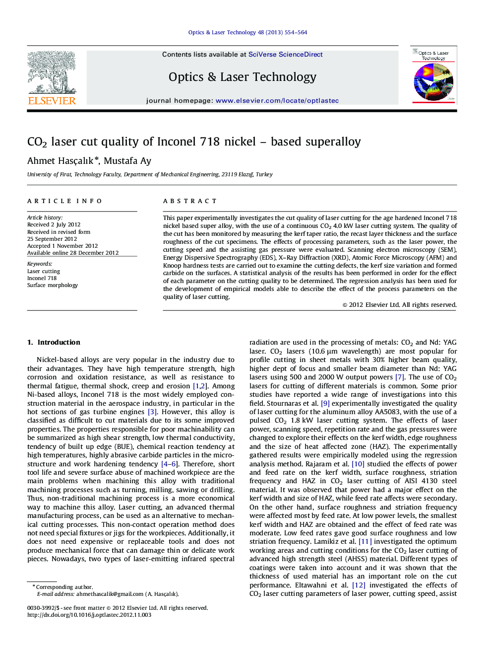 CO2 laser cut quality of Inconel 718 nickel – based superalloy