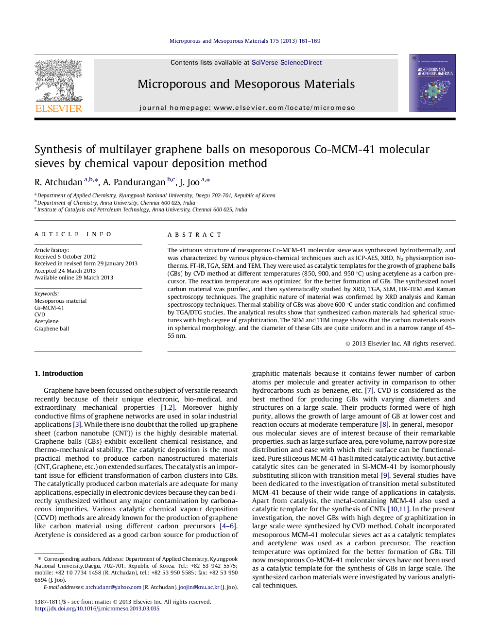 Synthesis of multilayer graphene balls on mesoporous Co-MCM-41 molecular sieves by chemical vapour deposition method