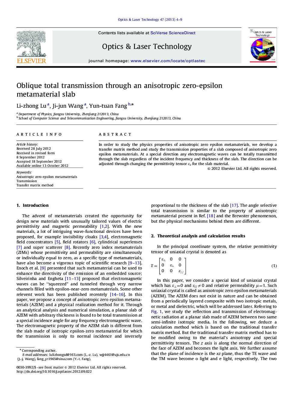 Oblique total transmission through an anisotropic zero-epsilon metamaterial slab