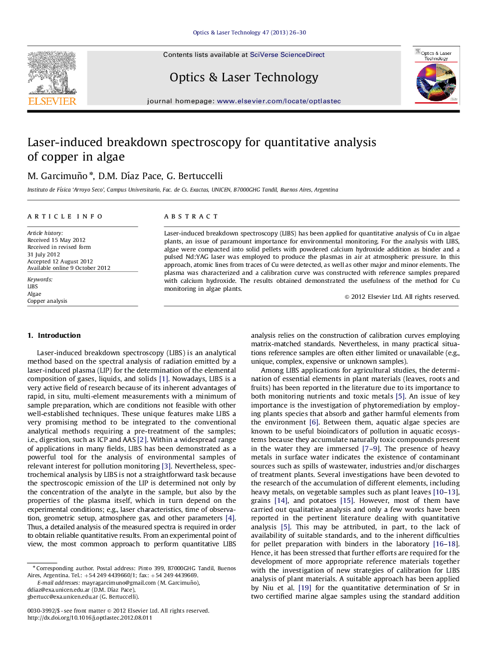 Laser-induced breakdown spectroscopy for quantitative analysis of copper in algae