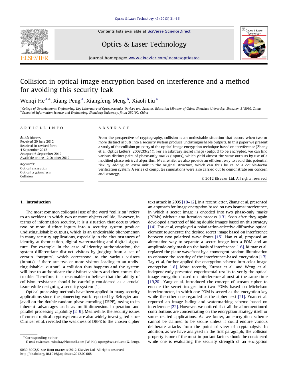 Collision in optical image encryption based on interference and a method for avoiding this security leak