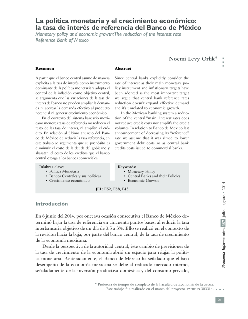 La polÃ­tica monetaria y el crecimiento económico: la tasa de interés de referencia del Banco de México