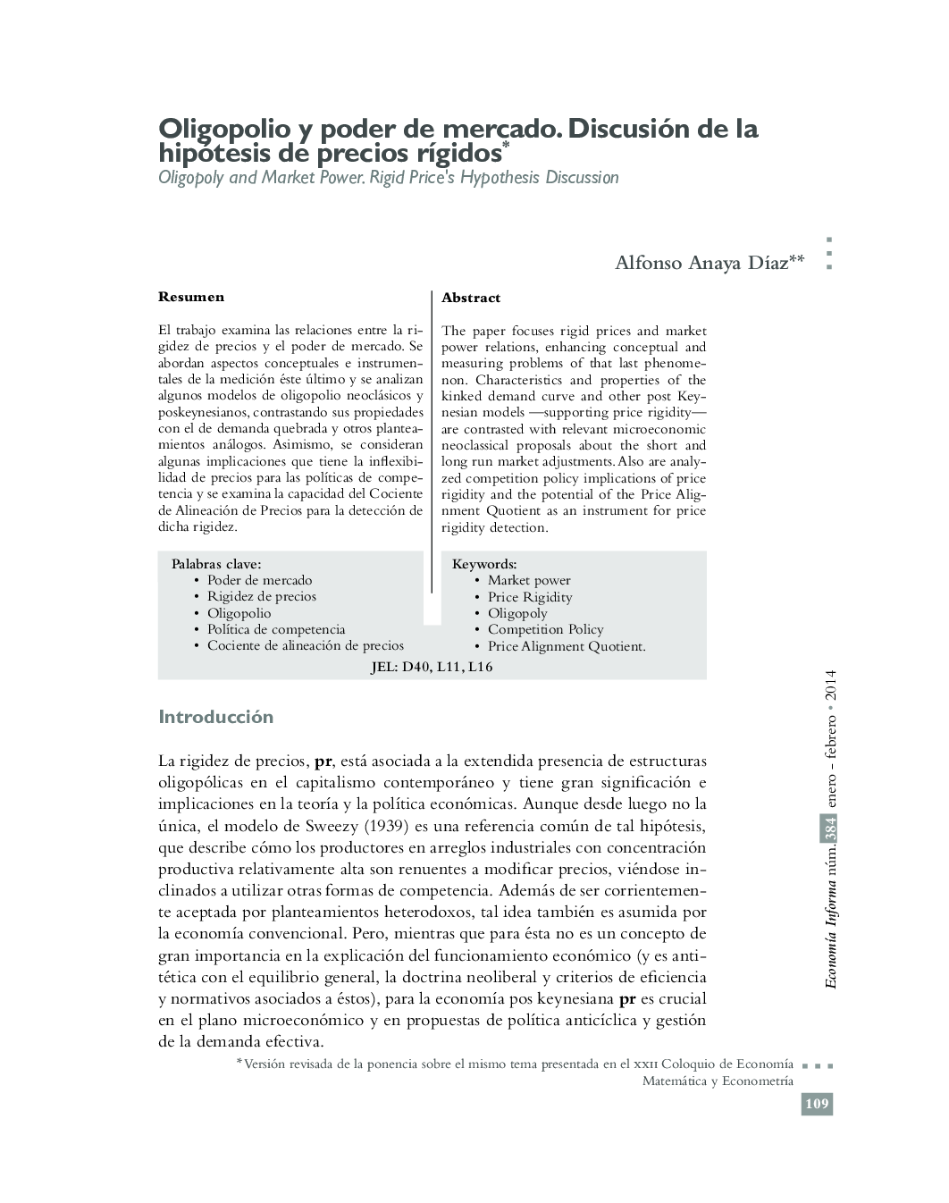 Oligopolio y poder de mercado. Discusión de la hipótesis de precios rÃ­gidos*