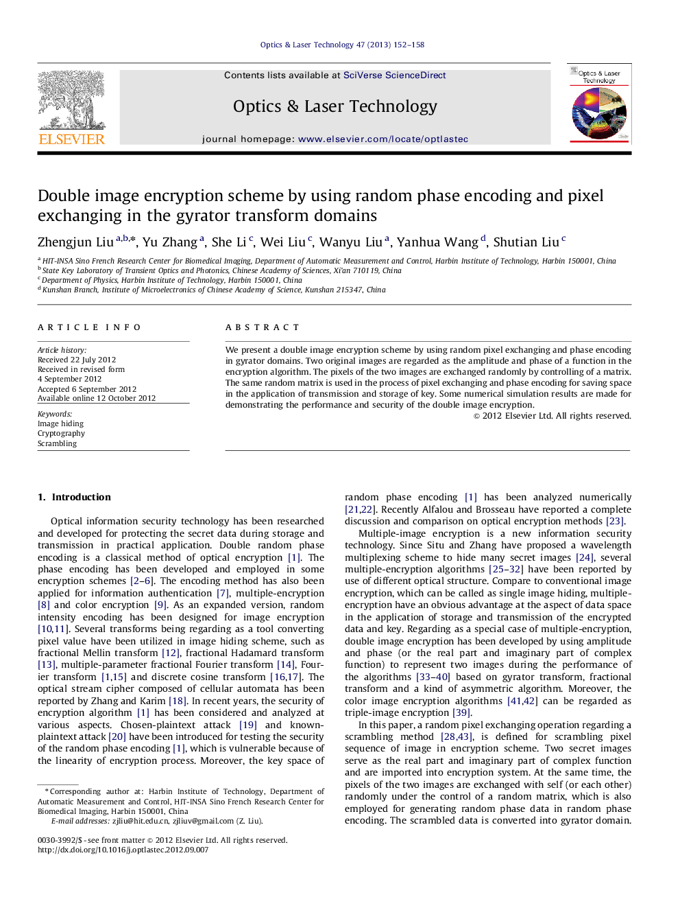 Double image encryption scheme by using random phase encoding and pixel exchanging in the gyrator transform domains