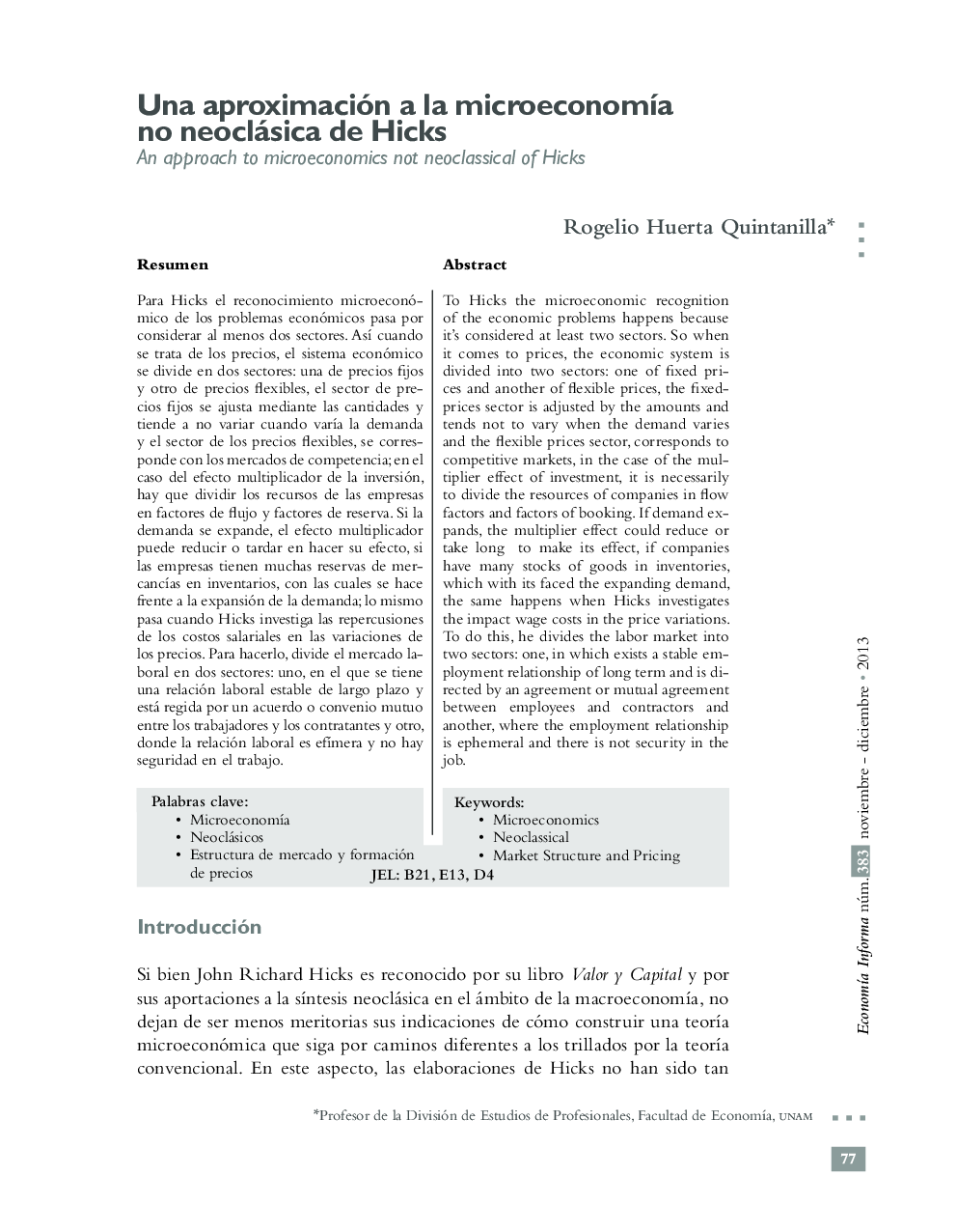 Una aproximación a la microeconomÃ­a no neoclásica de Hicks