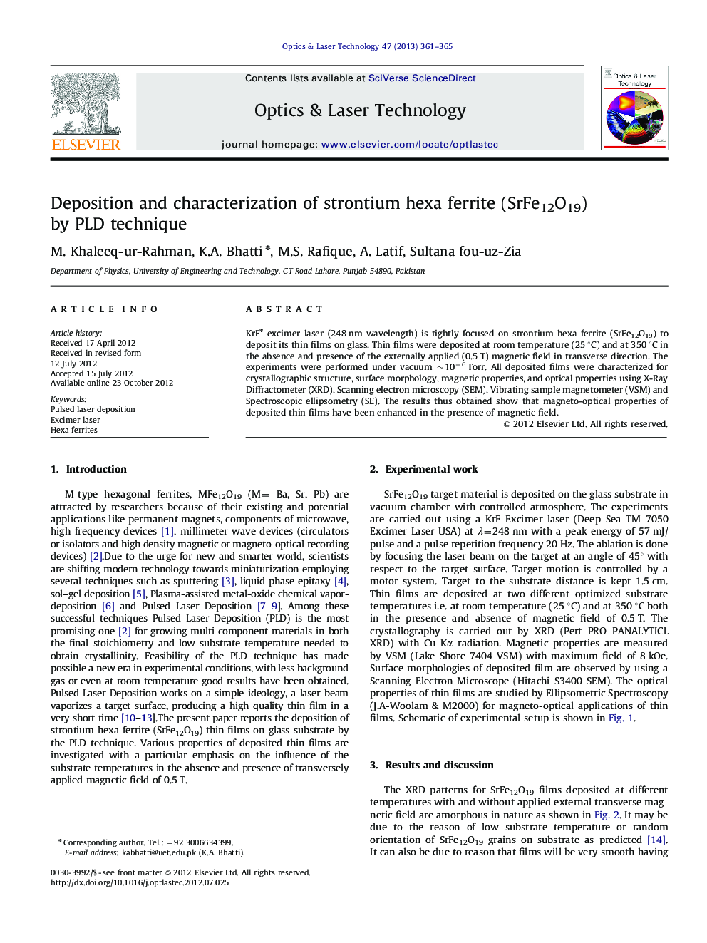 Deposition and characterization of strontium hexa ferrite (SrFe12O19) by PLD technique