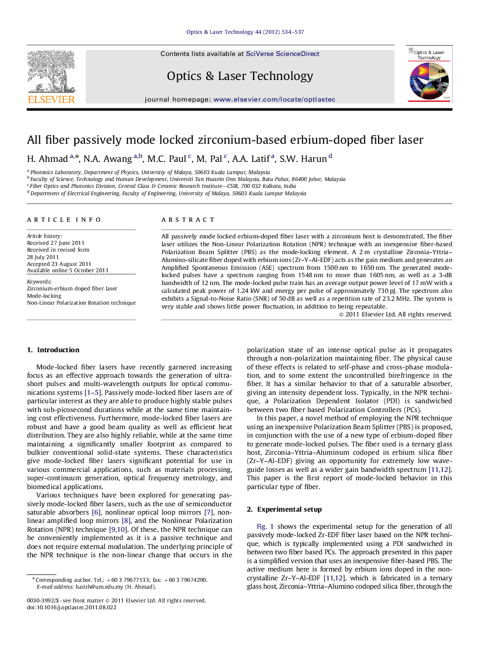 All fiber passively mode locked zirconium-based erbium-doped fiber laser