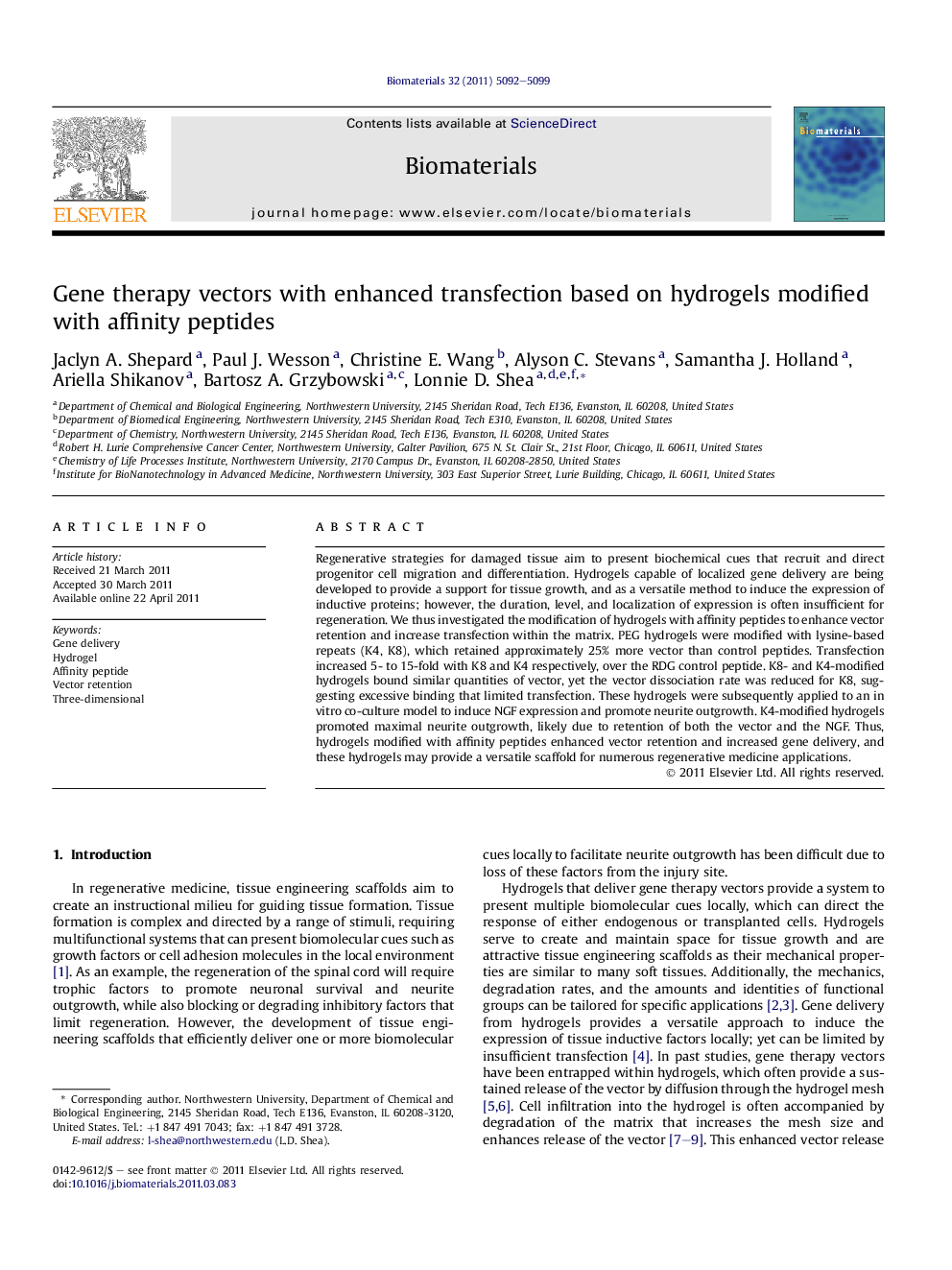 Gene therapy vectors with enhanced transfection based on hydrogels modified with affinity peptides