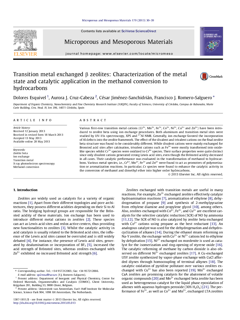 Transition metal exchanged β zeolites: Characterization of the metal state and catalytic application in the methanol conversion to hydrocarbons