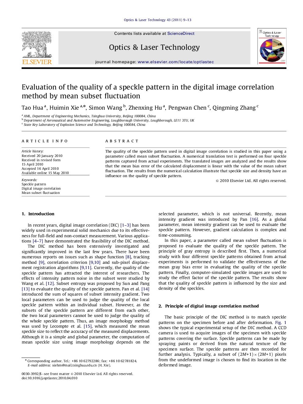 Evaluation of the quality of a speckle pattern in the digital image correlation method by mean subset fluctuation