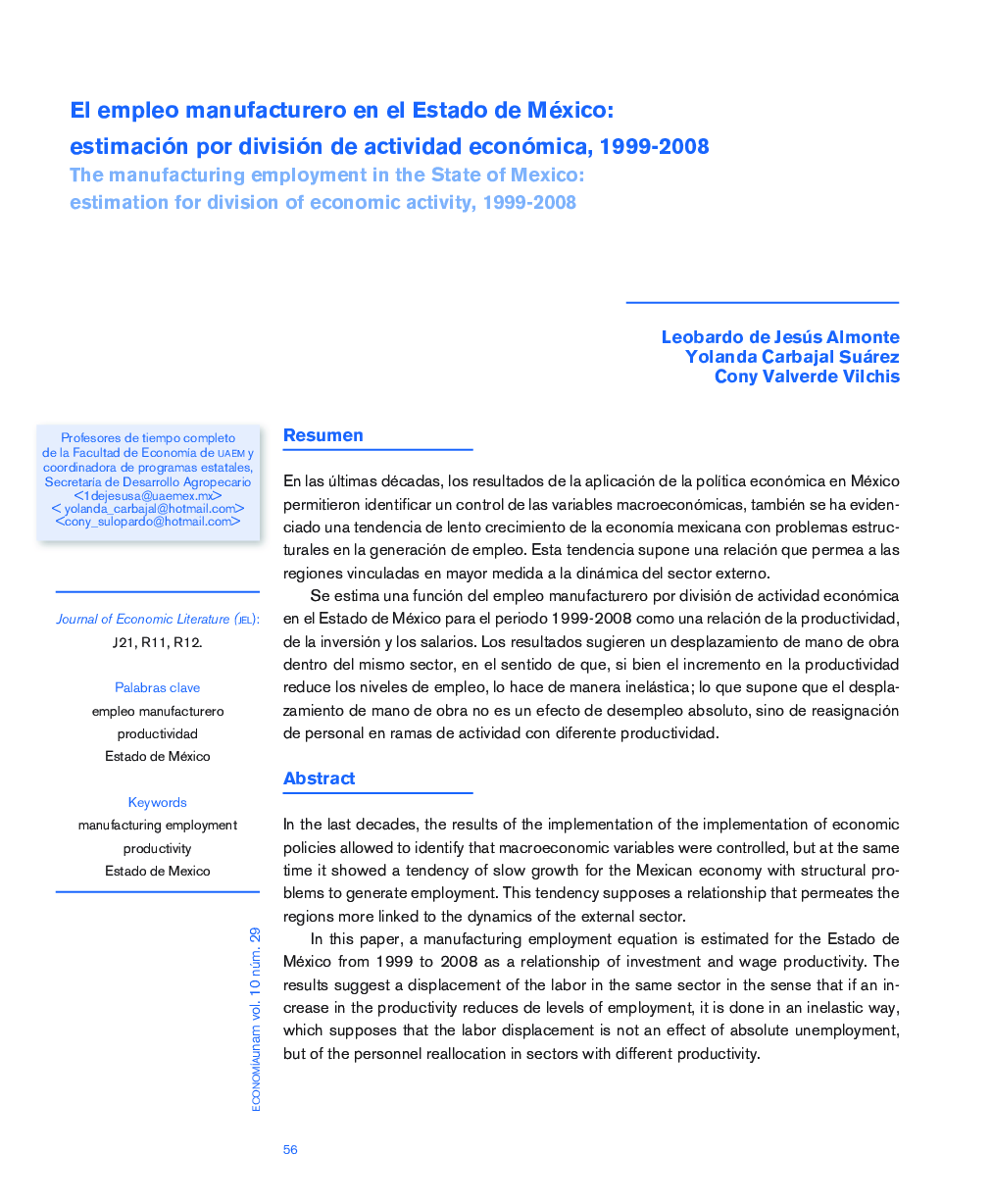 El empleo manufacturero en el Estado de México: estimación por división de actividad económica, 1999-2008