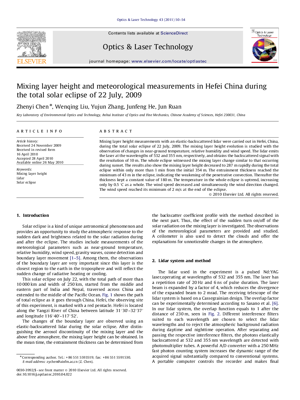 Mixing layer height and meteorological measurements in Hefei China during the total solar eclipse of 22 July, 2009