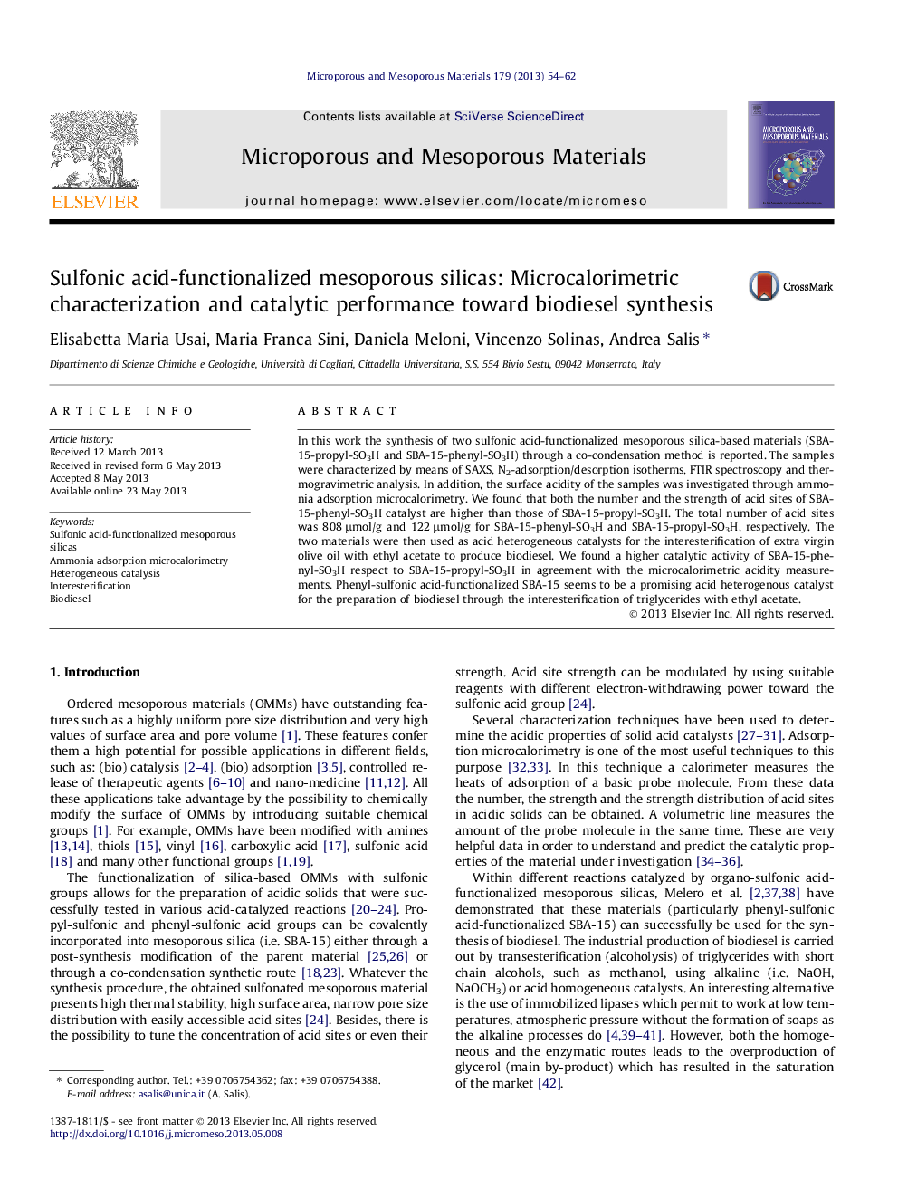 Sulfonic acid-functionalized mesoporous silicas: Microcalorimetric characterization and catalytic performance toward biodiesel synthesis