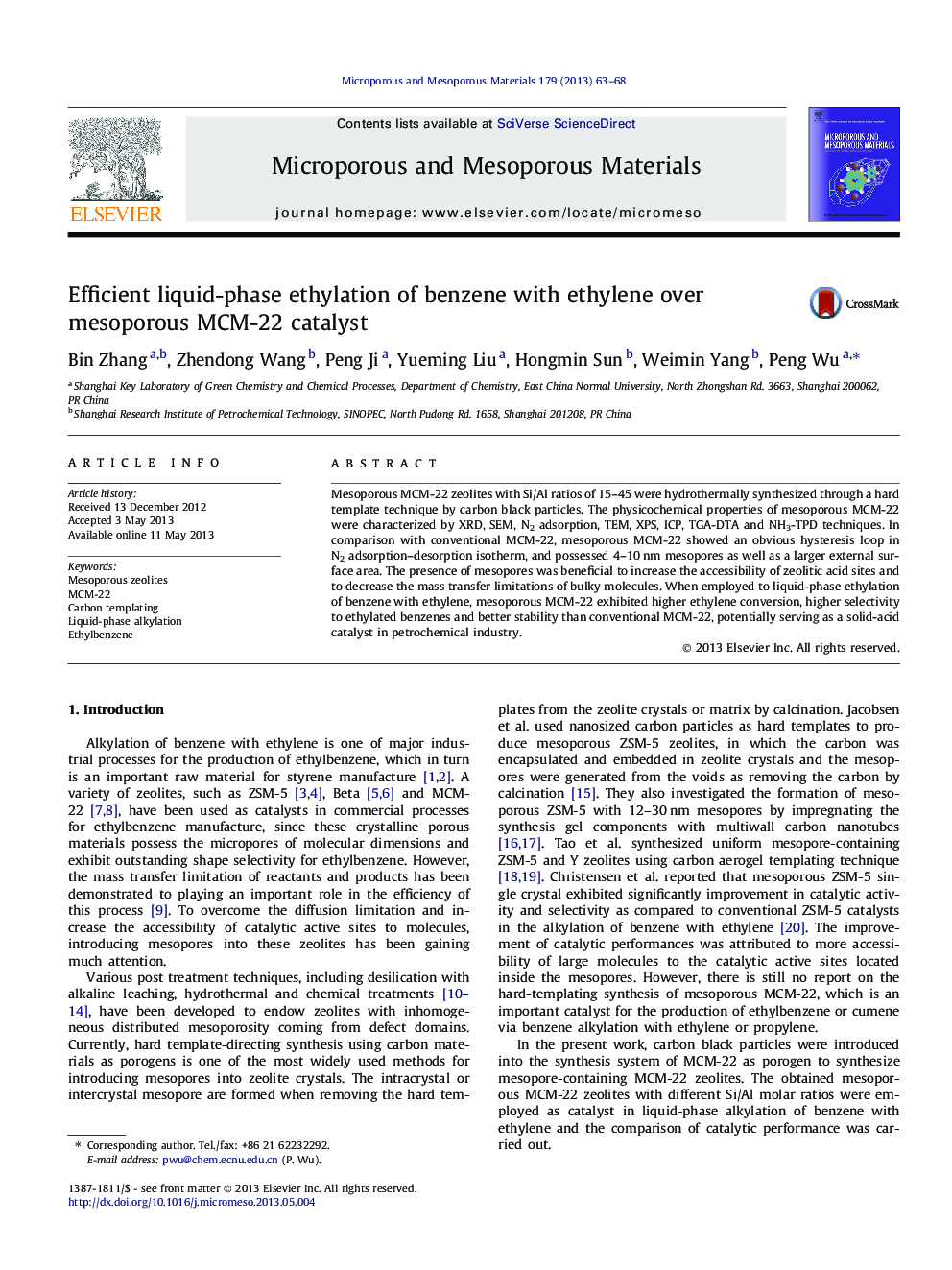 Efficient liquid-phase ethylation of benzene with ethylene over mesoporous MCM-22 catalyst