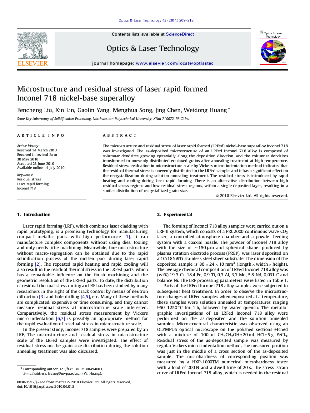 Microstructure and residual stress of laser rapid formed Inconel 718 nickel-base superalloy