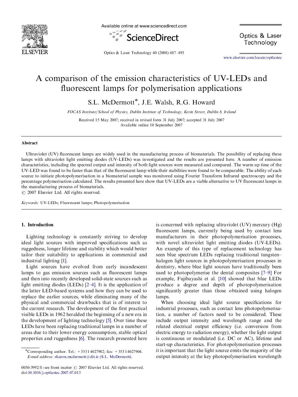 A comparison of the emission characteristics of UV-LEDs and fluorescent lamps for polymerisation applications