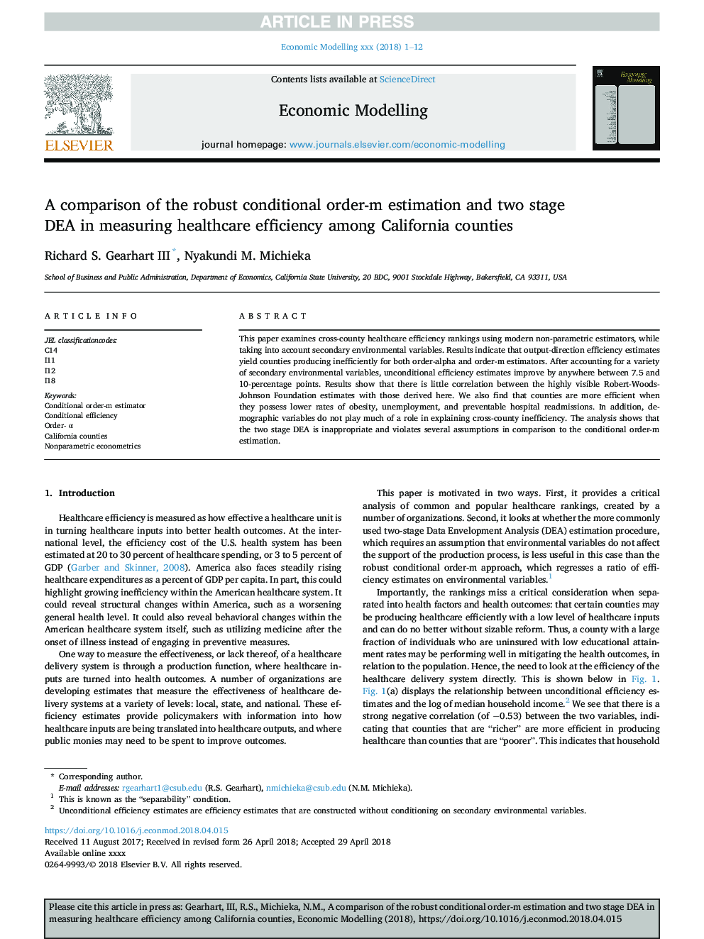 A comparison of the robust conditional order-m estimation and two stage DEA in measuring healthcare efficiency among California counties