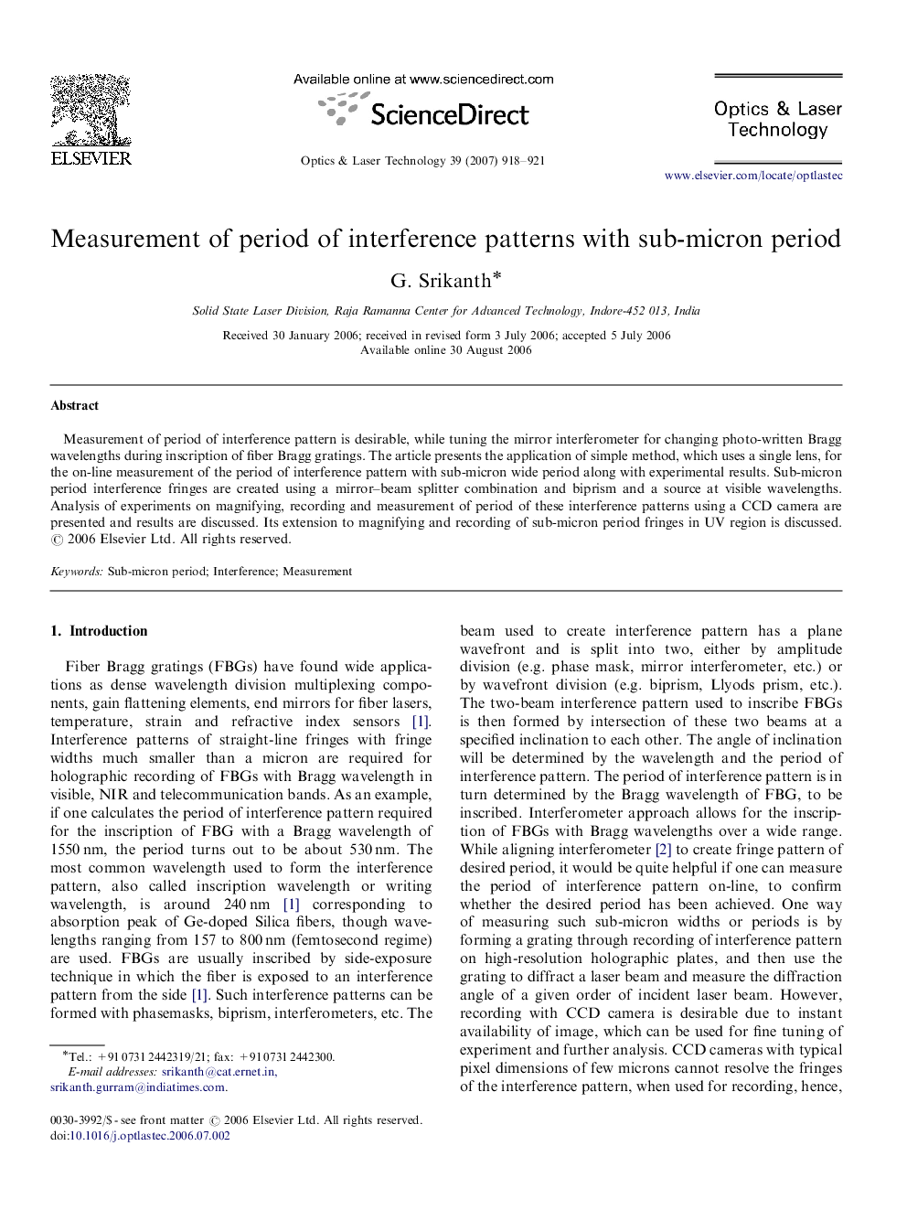 Measurement of period of interference patterns with sub-micron period