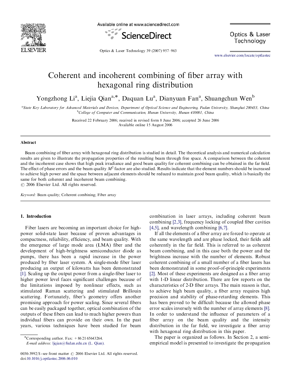 Coherent and incoherent combining of fiber array with hexagonal ring distribution