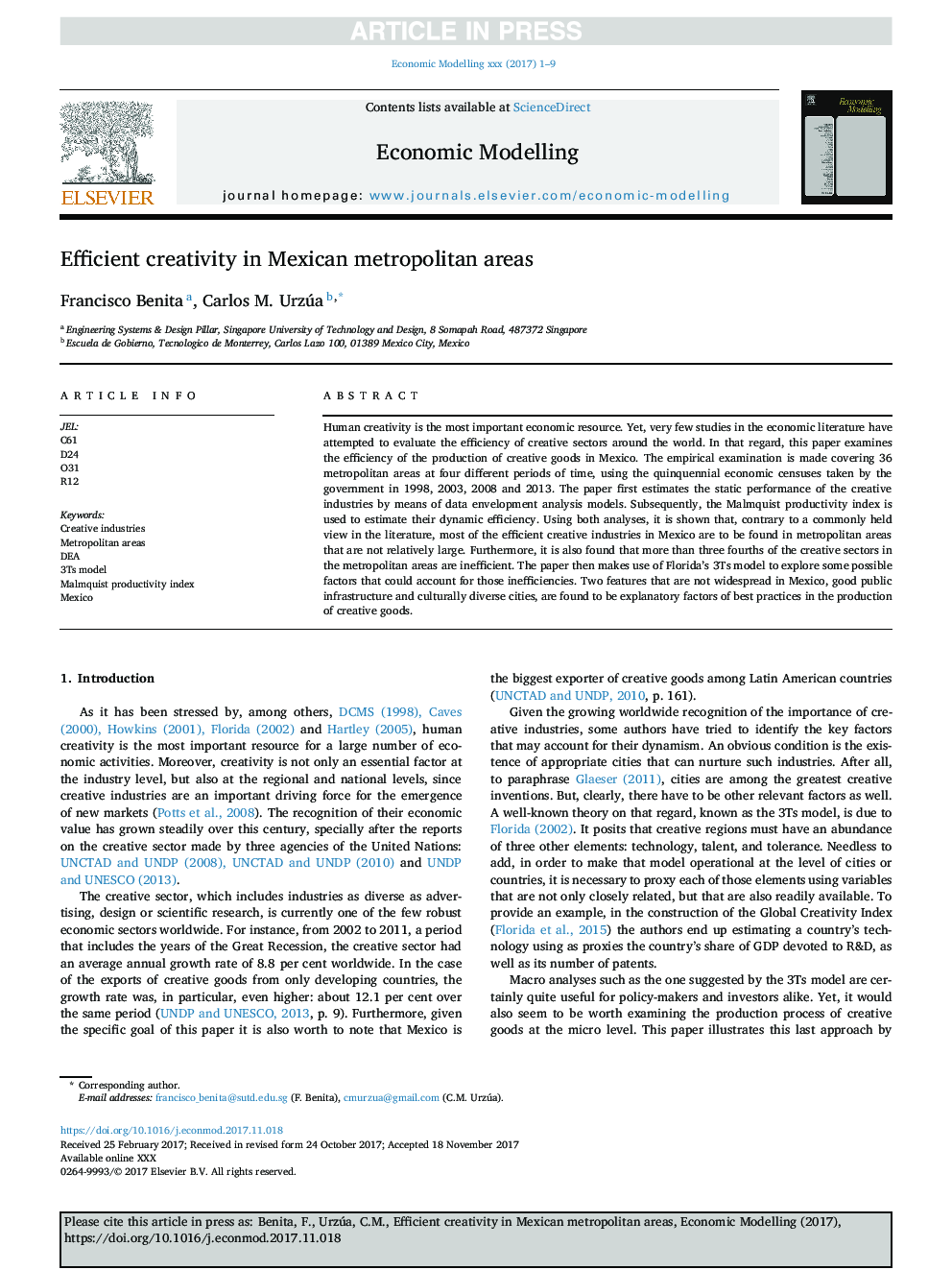 Efficient creativity in Mexican metropolitan areas