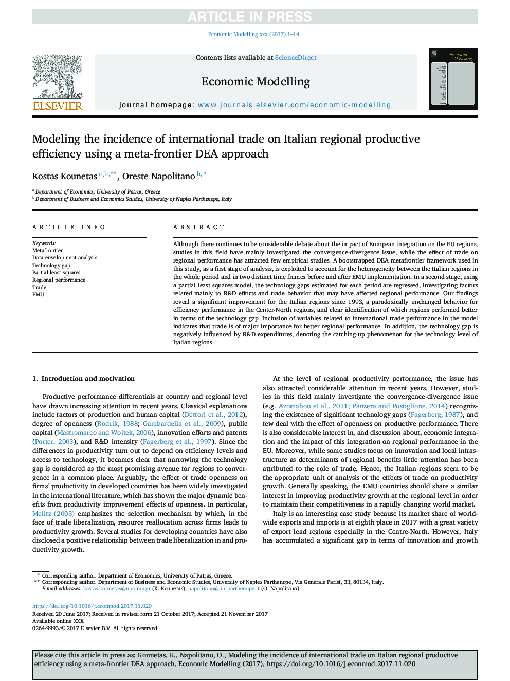 Modeling the incidence of international trade on Italian regional productive efficiency using a meta-frontier DEA approach