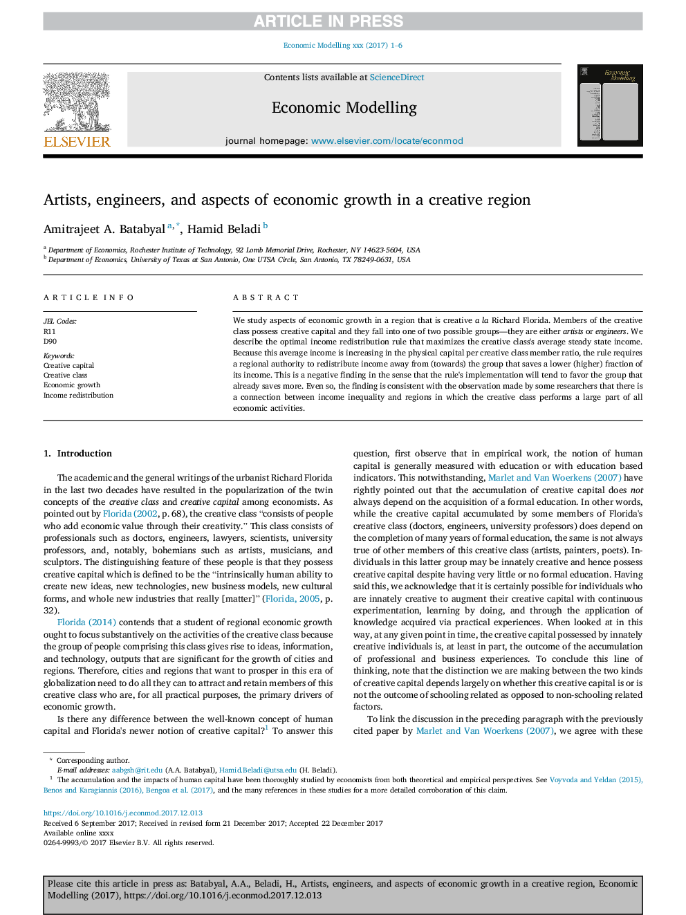 Artists, engineers, and aspects of economic growth in a creative region