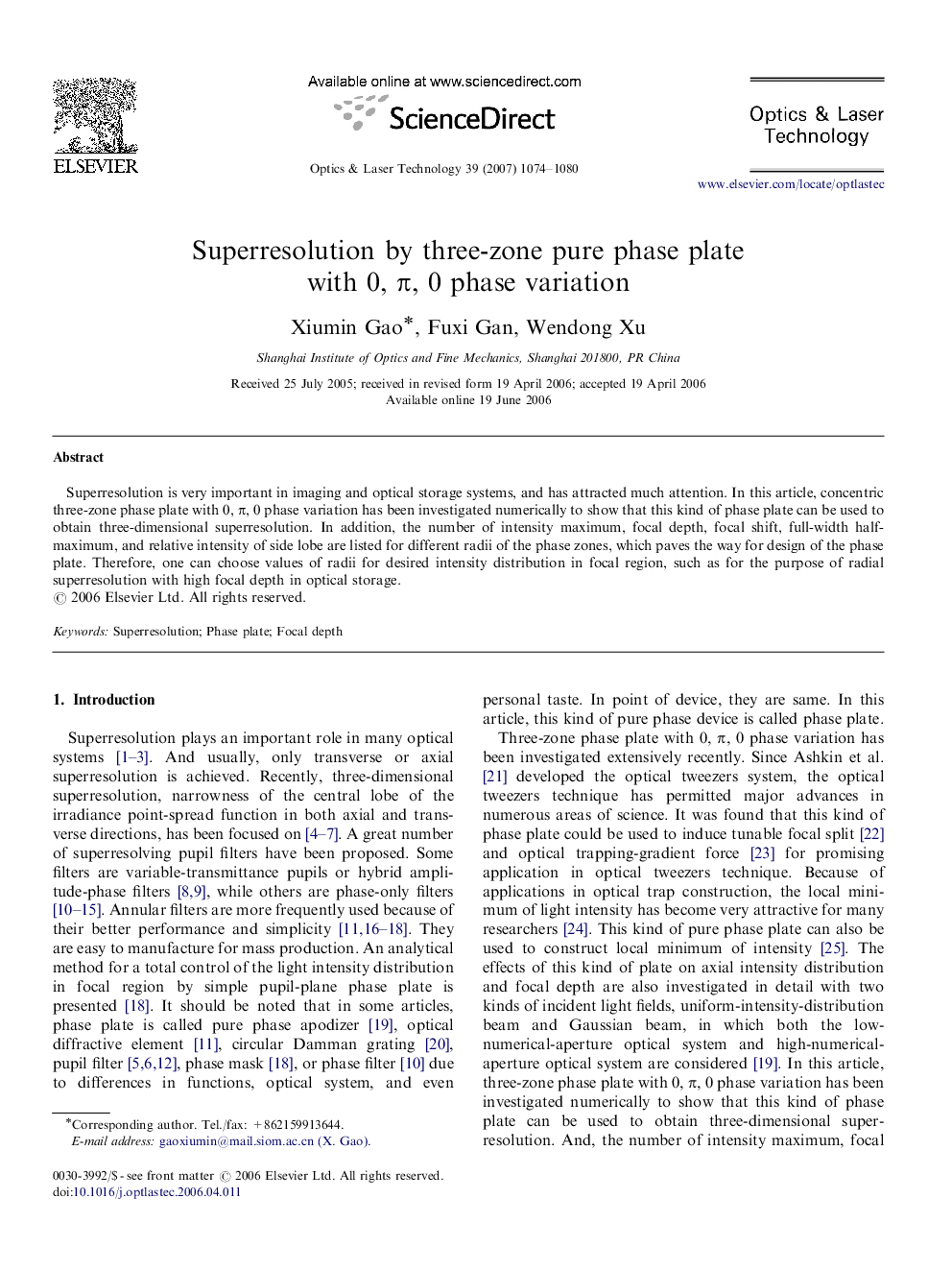 Superresolution by three-zone pure phase plate with 0, π, 0 phase variation