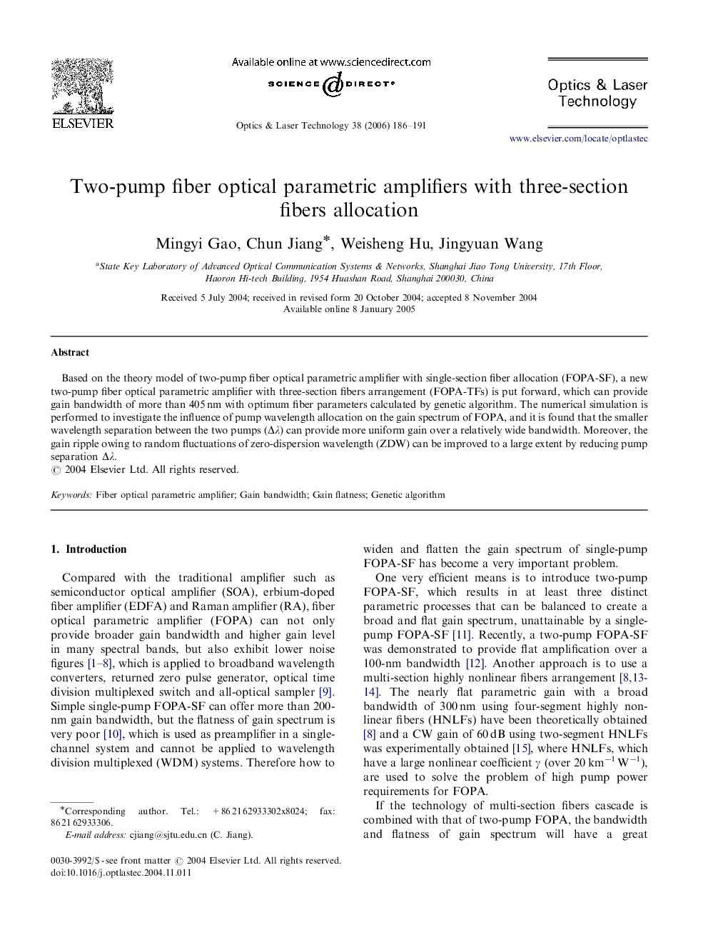 Two-pump fiber optical parametric amplifiers with three-section fibers allocation