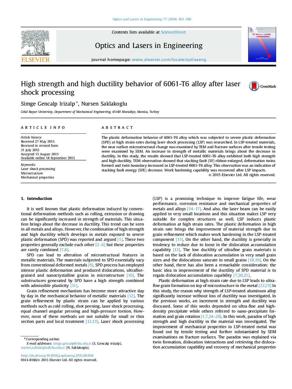 High strength and high ductility behavior of 6061-T6 alloy after laser shock processing