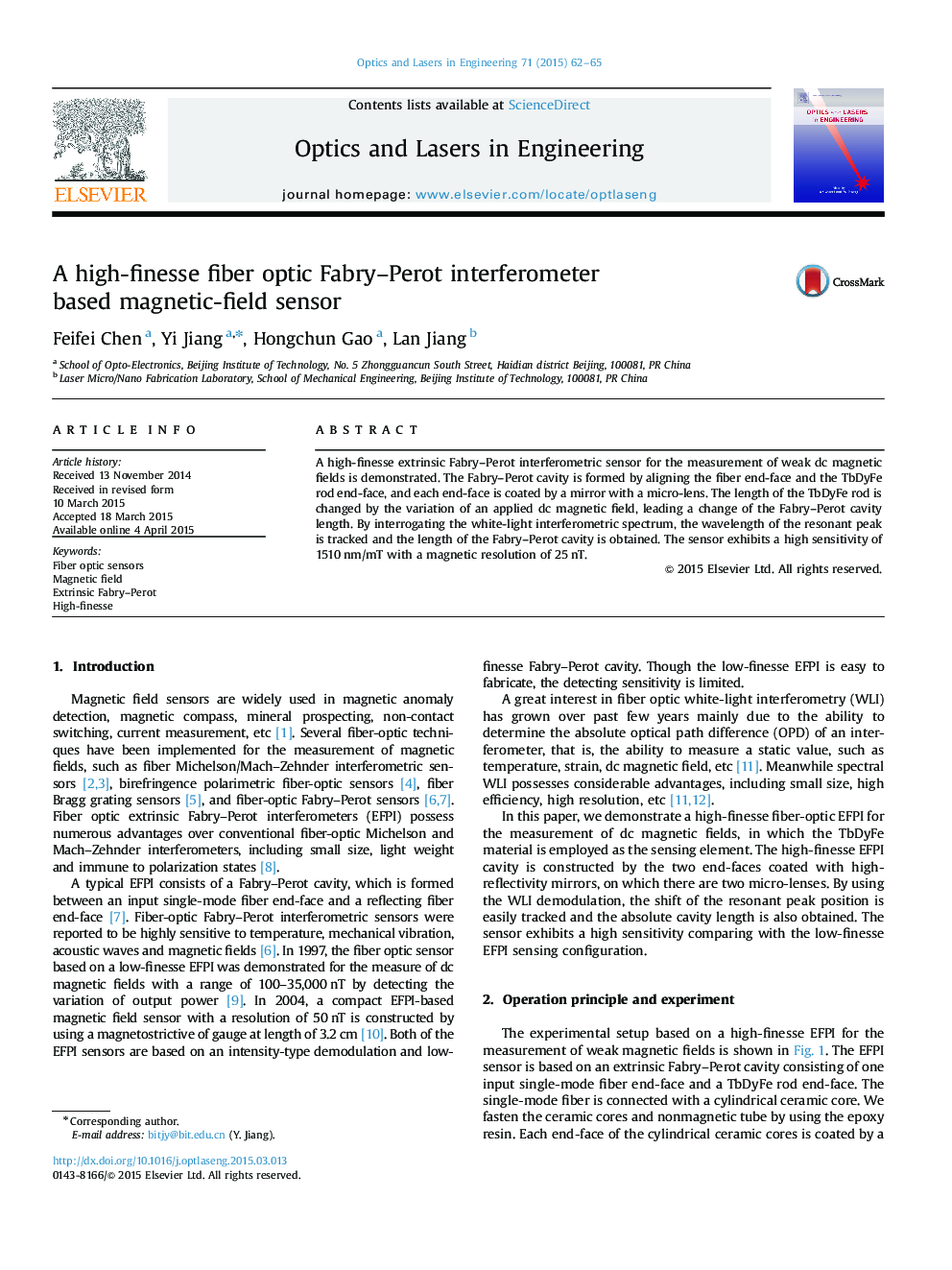 A high-finesse fiber optic Fabry–Perot interferometer based magnetic-field sensor