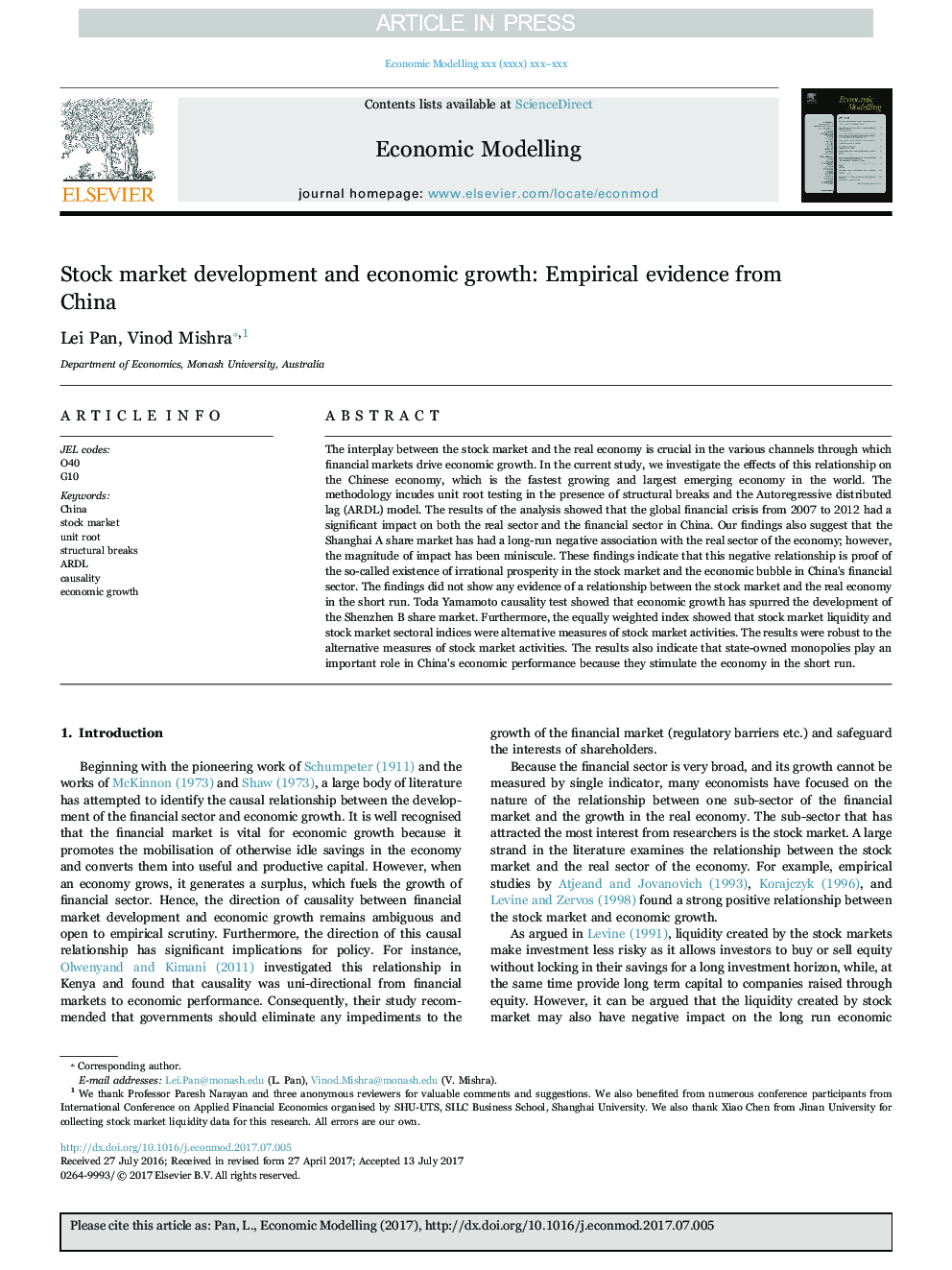 Stock market development and economic growth: Empirical evidence from China