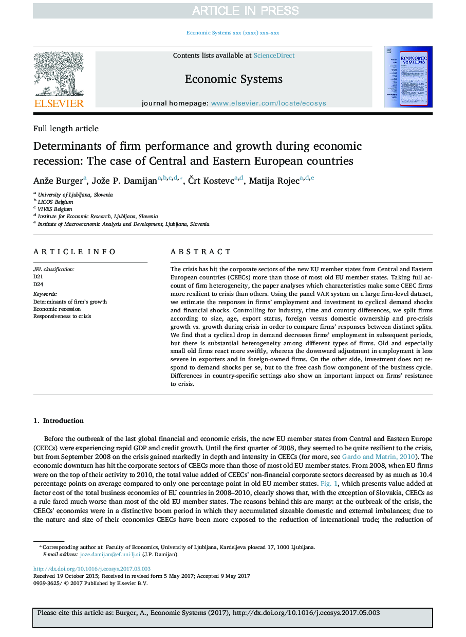 Determinants of firm performance and growth during economic recession: The case of Central and Eastern European countries