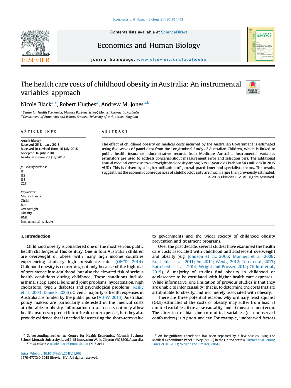The health care costs of childhood obesity in Australia: An instrumental variables approach