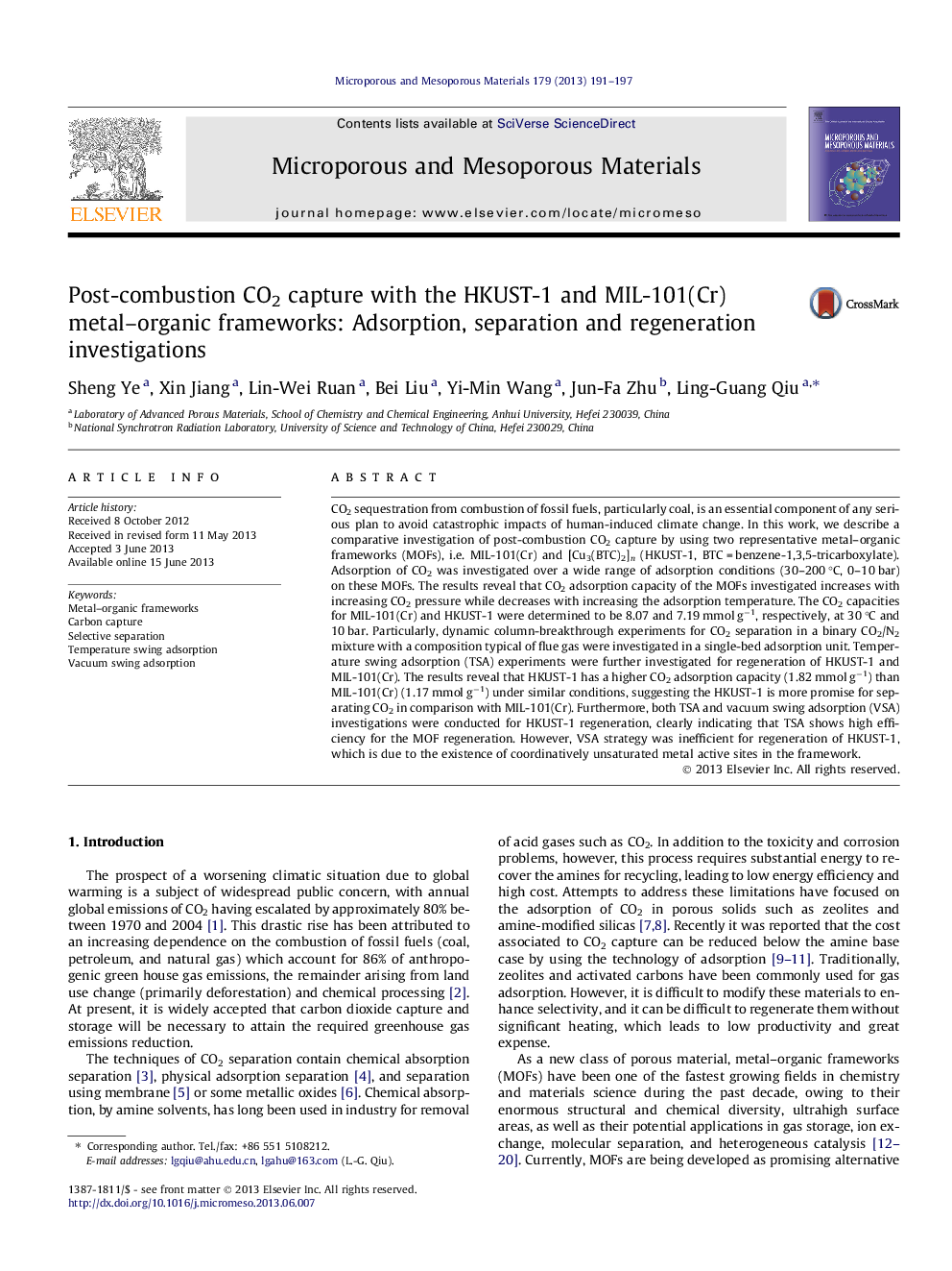 Post-combustion CO2 capture with the HKUST-1 and MIL-101(Cr) metal–organic frameworks: Adsorption, separation and regeneration investigations