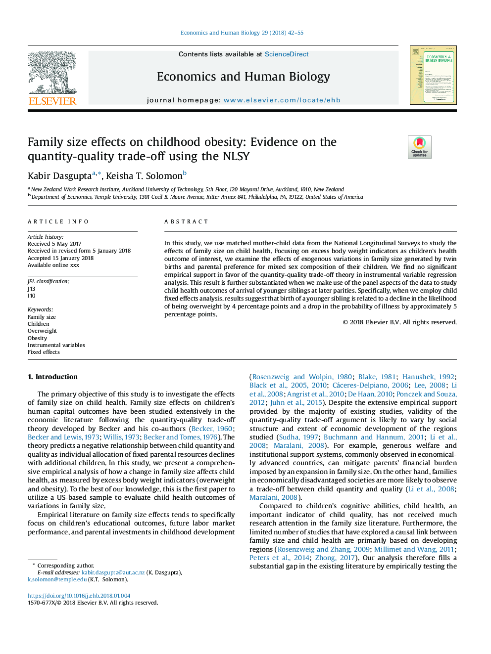 Family size effects on childhood obesity: Evidence on the quantity-quality trade-off using the NLSY