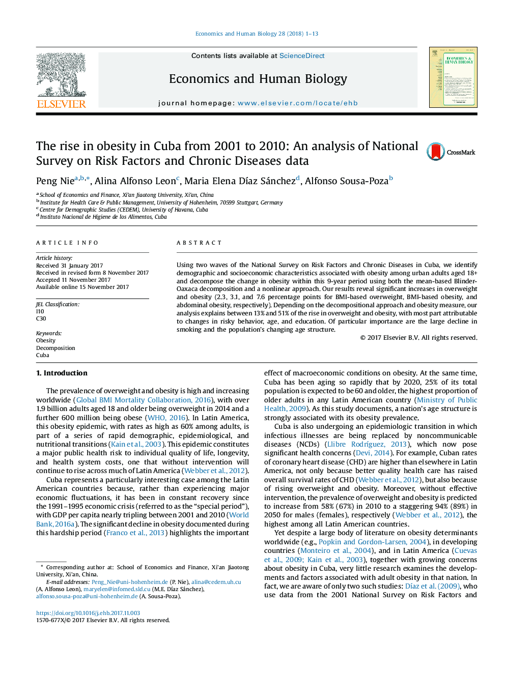 The rise in obesity in Cuba from 2001 to 2010: An analysis of National Survey on Risk Factors and Chronic Diseases data